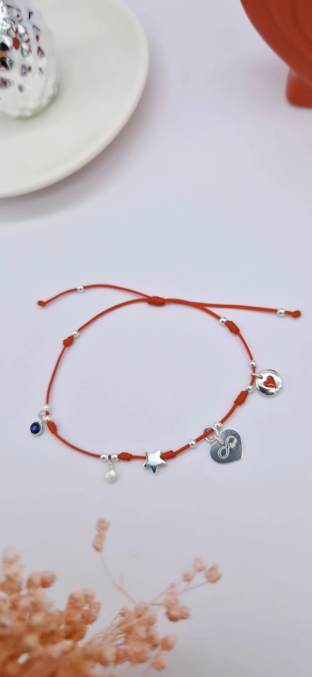 Pulsera Amuleto Rojo en Plata 925 con Corazón Personalizado y Estrella