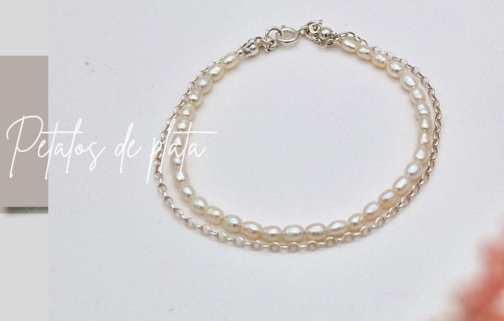 Pulsera doble de plata de ley y perlas