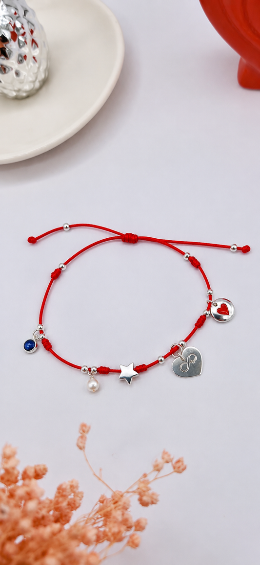 Pulsera Amuleto Rojo en Plata 925 con Corazón Personalizado y Estrella