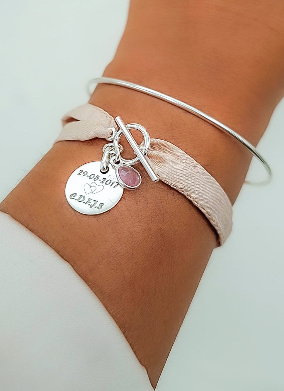 Pulsera Seda Nude Personalizada con Medalla en Plata 925